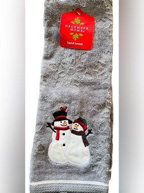 New December Home Snowman Hand Towel Gray Embroidered Holiday Christmas